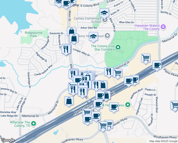 map of restaurants, bars, coffee shops, grocery stores, and more near 4777 Memorial Drive in The Colony