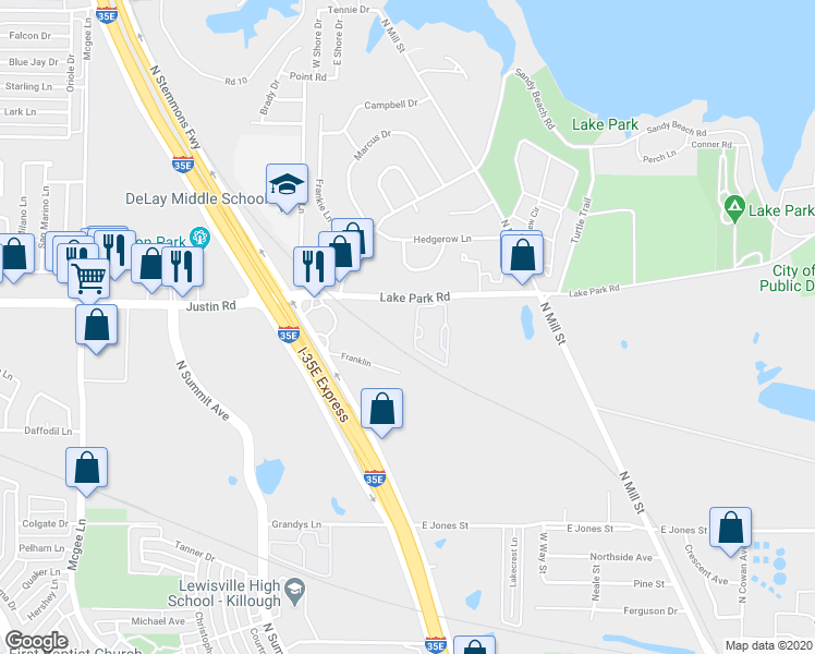 map of restaurants, bars, coffee shops, grocery stores, and more near 322 Lake Park Road in Lewisville