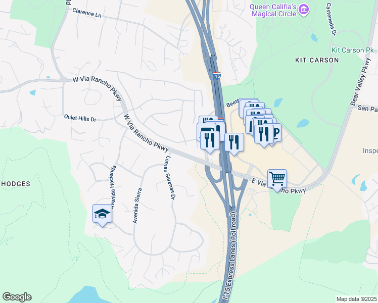 map of restaurants, bars, coffee shops, grocery stores, and more near 3398 Camino Marzagan in Escondido
