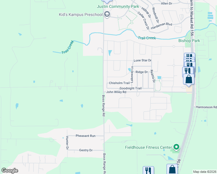 map of restaurants, bars, coffee shops, grocery stores, and more near 459 Goodnight Trail in Justin