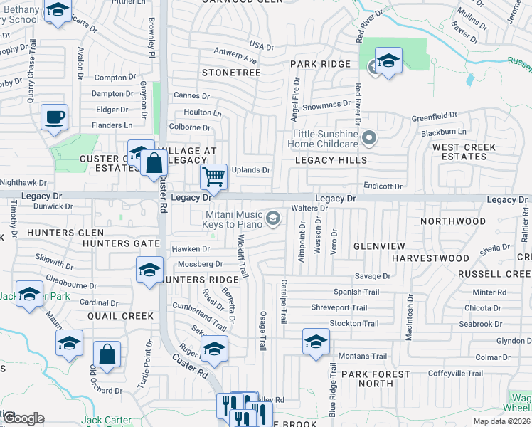 map of restaurants, bars, coffee shops, grocery stores, and more near 1920 Walters Drive in Plano