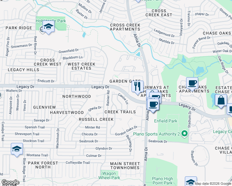 map of restaurants, bars, coffee shops, grocery stores, and more near 1201 Canoe Lane in Plano