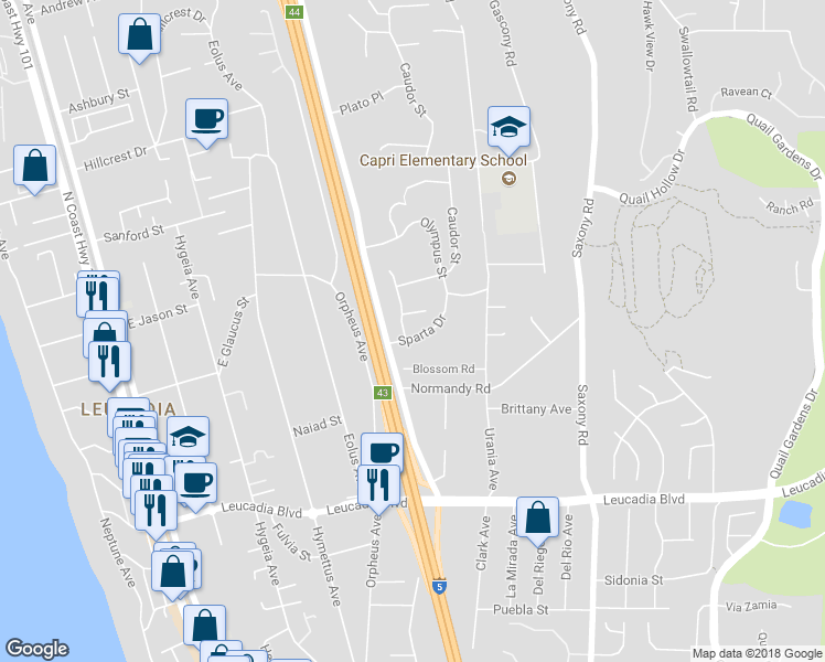map of restaurants, bars, coffee shops, grocery stores, and more near 1215 Skyros Way in Encinitas