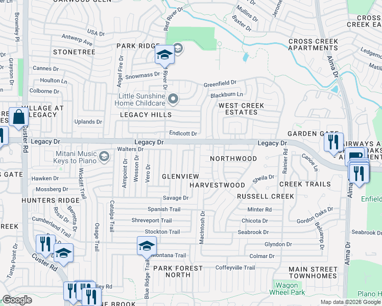 map of restaurants, bars, coffee shops, grocery stores, and more near 6905 Sweetwater Drive in Plano