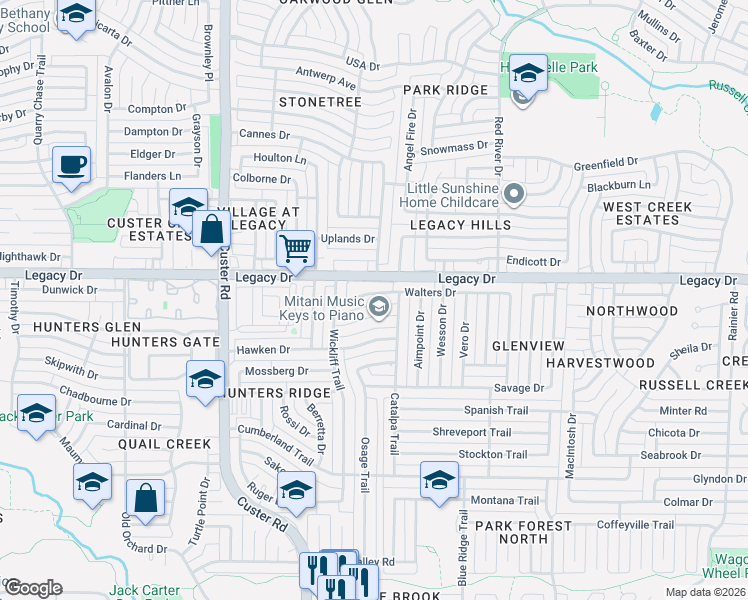 map of restaurants, bars, coffee shops, grocery stores, and more near 1920 Walters Drive in Plano