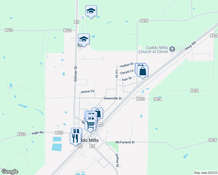 map of restaurants, bars, coffee shops, grocery stores, and more near 2311 Crestridge in Caddo Mills