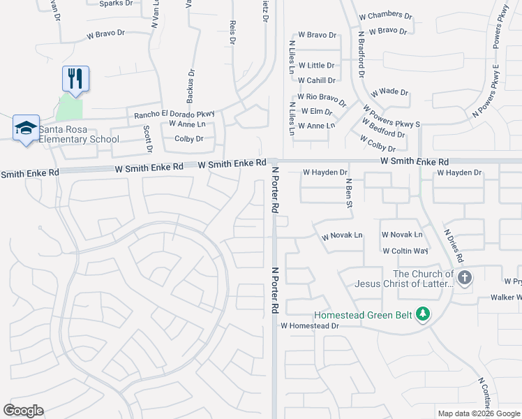 map of restaurants, bars, coffee shops, grocery stores, and more near 20945 North Porter Road in Maricopa