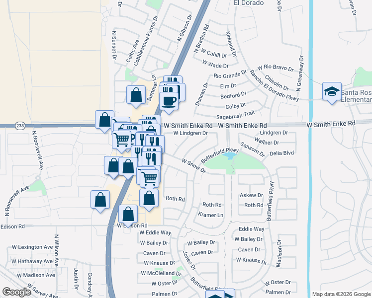 map of restaurants, bars, coffee shops, grocery stores, and more near 20971 North Leona Boulevard in Maricopa