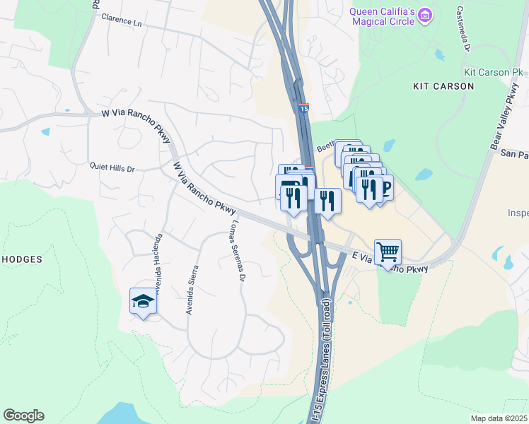 map of restaurants, bars, coffee shops, grocery stores, and more near 3398 Camino Marzagan in Escondido