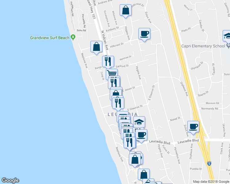 map of restaurants, bars, coffee shops, grocery stores, and more near 1300 North Coast Highway 101 in Encinitas