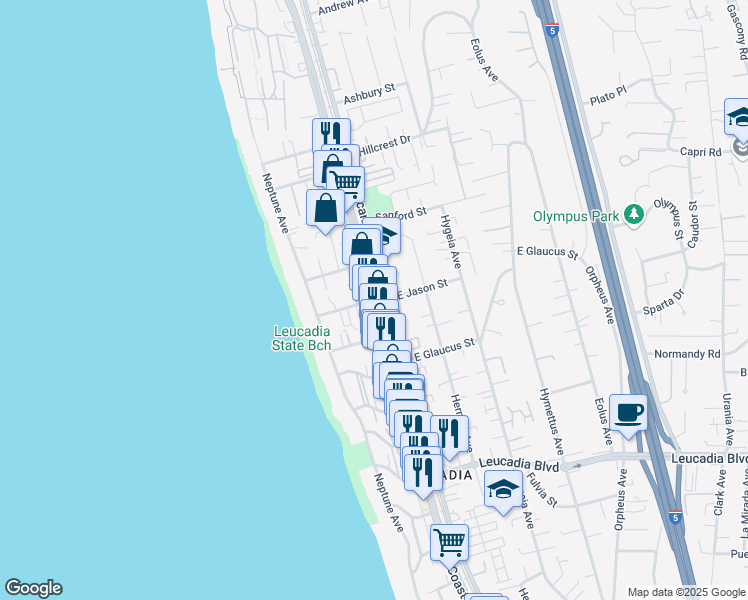 map of restaurants, bars, coffee shops, grocery stores, and more near 1300 North Coast Highway 101 in Encinitas