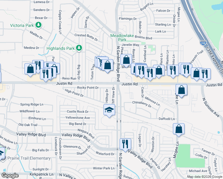 map of restaurants, bars, coffee shops, grocery stores, and more near 1888 Cliff View Drive in Lewisville
