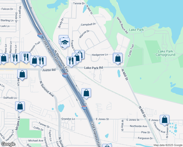 map of restaurants, bars, coffee shops, grocery stores, and more near 290 Lake Park Road in Lewisville