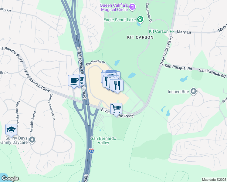 map of restaurants, bars, coffee shops, grocery stores, and more near 280 East Via Rancho Parkway in Escondido