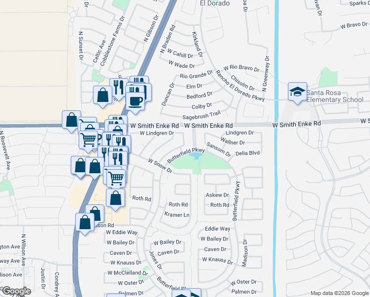 map of restaurants, bars, coffee shops, grocery stores, and more near 20991 Butterfield Parkway in Maricopa