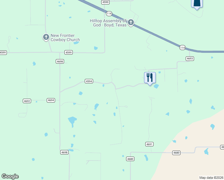 map of restaurants, bars, coffee shops, grocery stores, and more near 435 County Road 4594 in Boyd