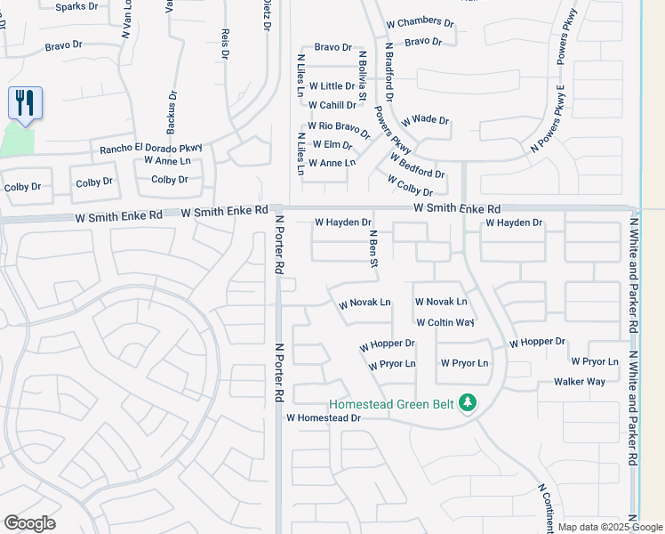 map of restaurants, bars, coffee shops, grocery stores, and more near 20951 North Lauren Road in Maricopa