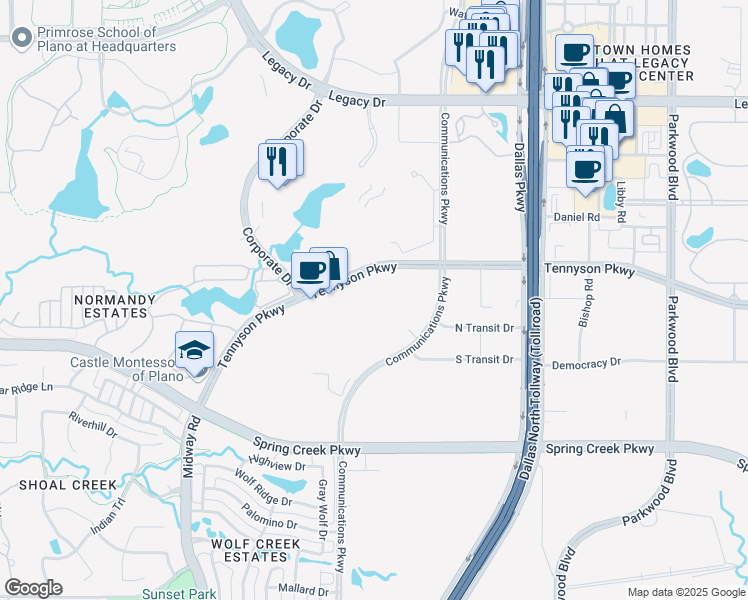 map of restaurants, bars, coffee shops, grocery stores, and more near 6200 Tennyson Parkway in Plano