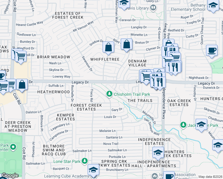 map of restaurants, bars, coffee shops, grocery stores, and more near 3292 Candlewood Trail in Plano