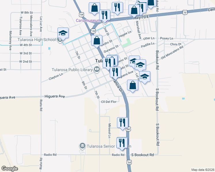 map of restaurants, bars, coffee shops, grocery stores, and more near Calle Sandoval in Tularosa