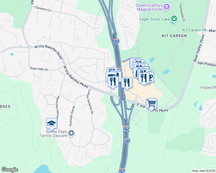 map of restaurants, bars, coffee shops, grocery stores, and more near 3426 Via Cabo Verde in Escondido