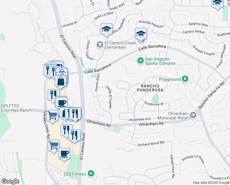 map of restaurants, bars, coffee shops, grocery stores, and more near 2400 El Bosque Avenue in Carlsbad