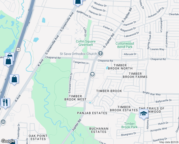 map of restaurants, bars, coffee shops, grocery stores, and more near 2900 Hurstwood Drive in Plano