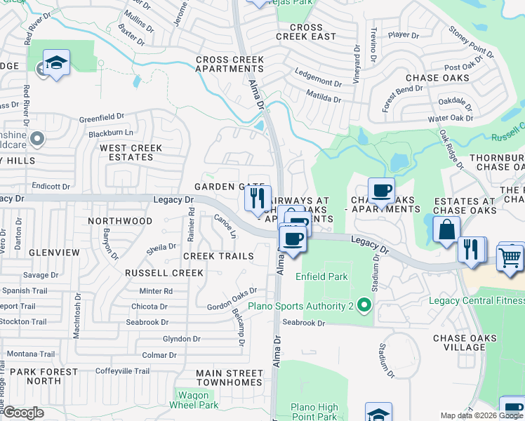 map of restaurants, bars, coffee shops, grocery stores, and more near 905 Legacy Drive in Plano