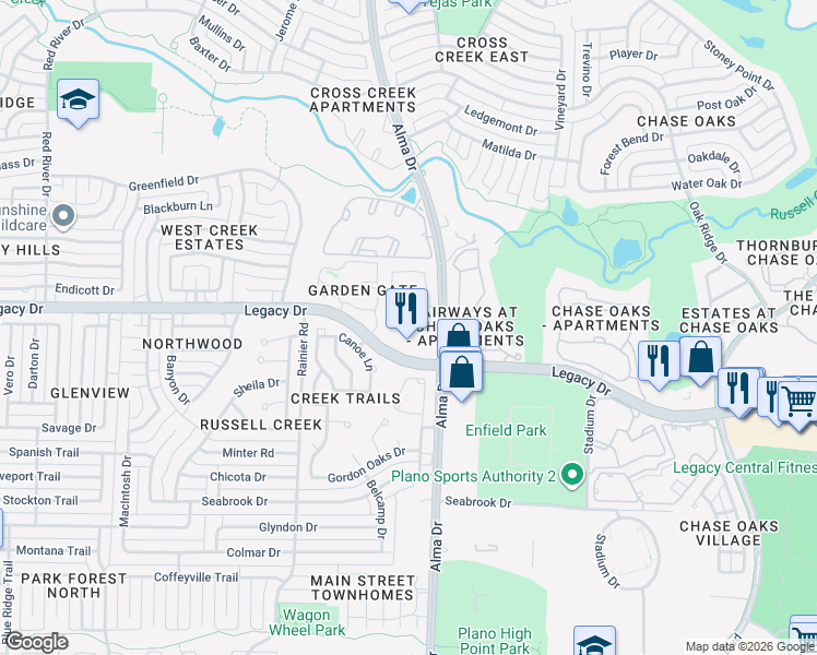 map of restaurants, bars, coffee shops, grocery stores, and more near 905 Legacy Drive in Plano