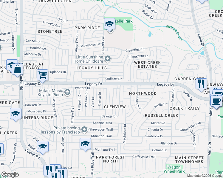 map of restaurants, bars, coffee shops, grocery stores, and more near 6908 Beeman Drive in Plano