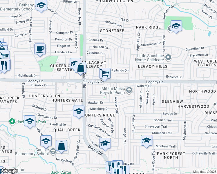 map of restaurants, bars, coffee shops, grocery stores, and more near 6905 Sharps Drive in Plano