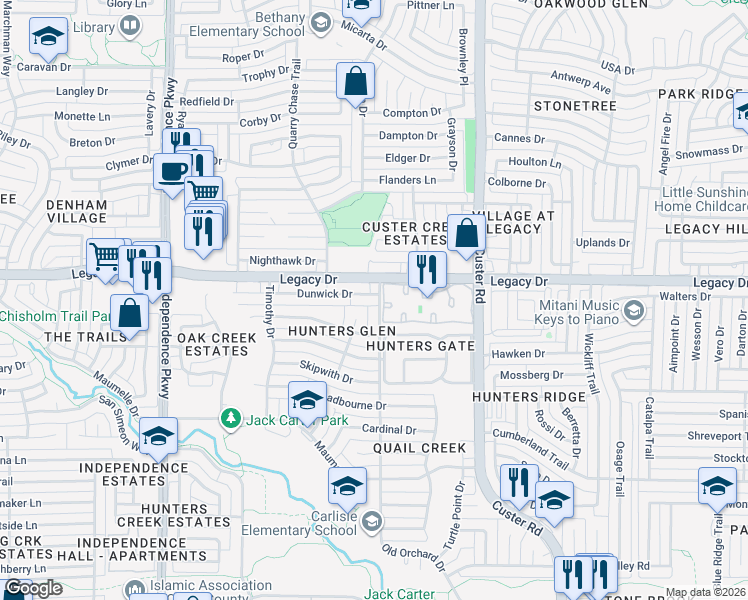 map of restaurants, bars, coffee shops, grocery stores, and more near 6913 Old Orchard Drive in Plano