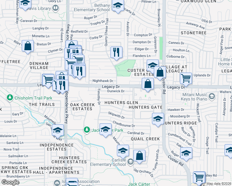 map of restaurants, bars, coffee shops, grocery stores, and more near 2613 Rothland Lane in Plano
