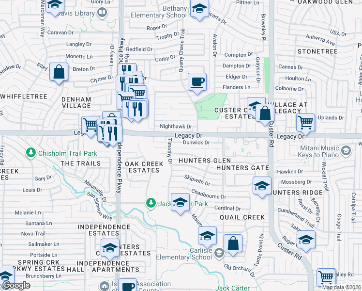 map of restaurants, bars, coffee shops, grocery stores, and more near 2637 Rothland Lane in Plano