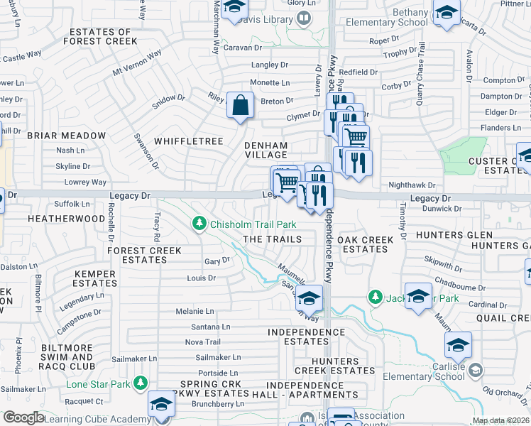 map of restaurants, bars, coffee shops, grocery stores, and more near 6900 High Field Trail in Plano