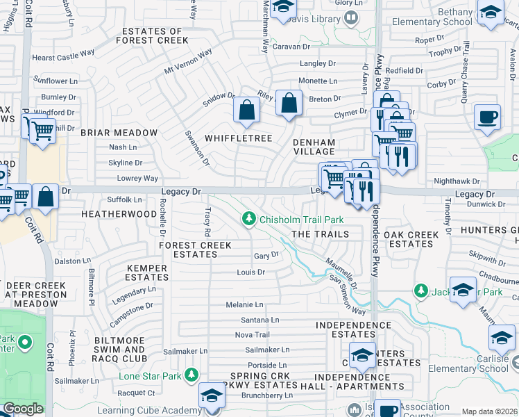 map of restaurants, bars, coffee shops, grocery stores, and more near 3292 Candlewood Trail in Plano