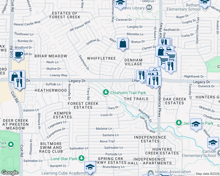 map of restaurants, bars, coffee shops, grocery stores, and more near 3292 Candlewood Trail in Plano