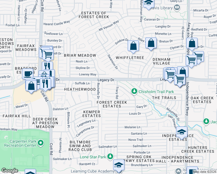 map of restaurants, bars, coffee shops, grocery stores, and more near 3521 O Malley Court in Plano