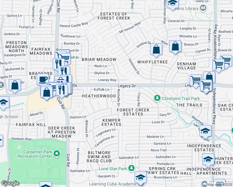 map of restaurants, bars, coffee shops, grocery stores, and more near 6909 Rochelle Drive in Plano