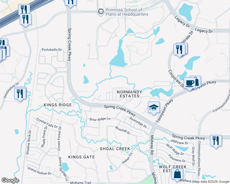 map of restaurants, bars, coffee shops, grocery stores, and more near 6820 Cousteau Court in Plano