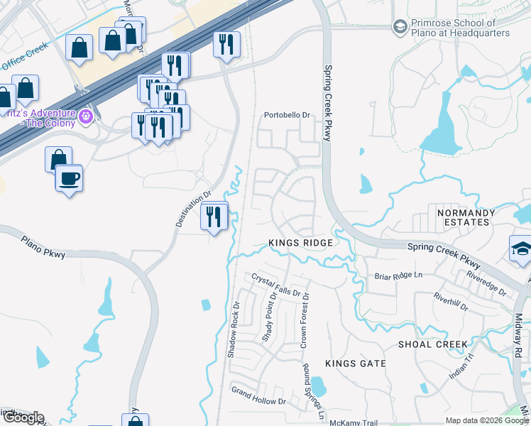 map of restaurants, bars, coffee shops, grocery stores, and more near 7013 Brook Forest Circle in Plano