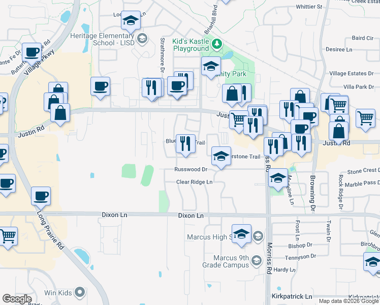 map of restaurants, bars, coffee shops, grocery stores, and more near 2508 Cross Haven Drive in Flower Mound