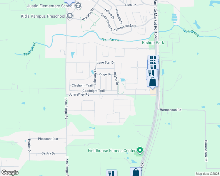 map of restaurants, bars, coffee shops, grocery stores, and more near 103 Santa Fe Tr in Justin