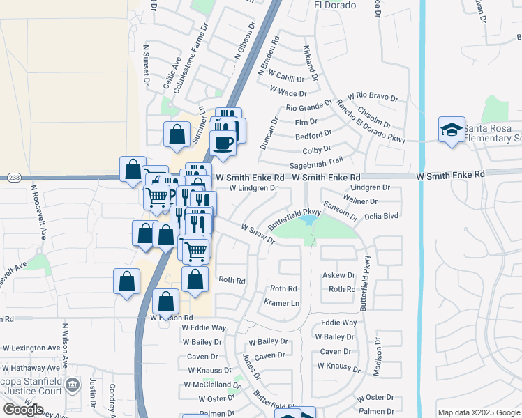 map of restaurants, bars, coffee shops, grocery stores, and more near 21011 North Leona Boulevard in Maricopa