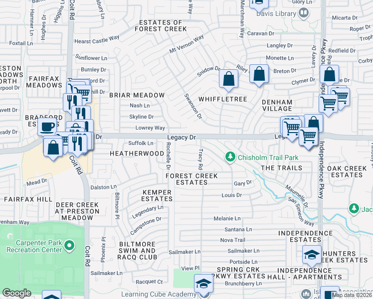 map of restaurants, bars, coffee shops, grocery stores, and more near 3521 O Malley Court in Plano
