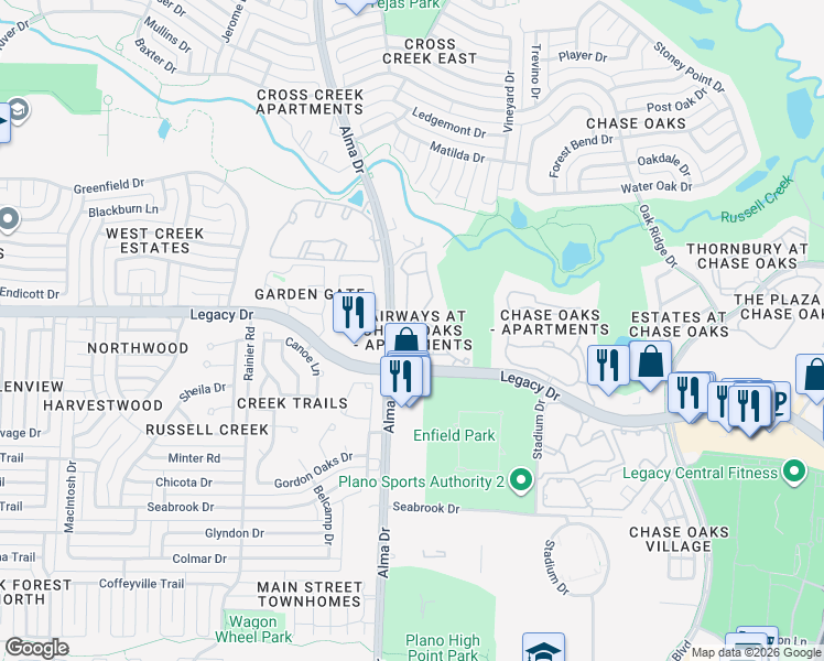 map of restaurants, bars, coffee shops, grocery stores, and more near 801 Legacy Drive in Plano