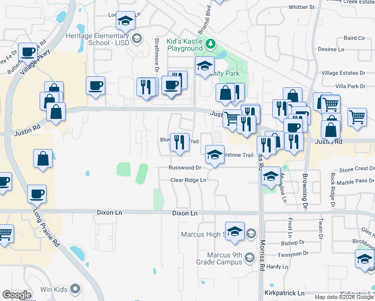 map of restaurants, bars, coffee shops, grocery stores, and more near 2508 Cross Haven Drive in Flower Mound
