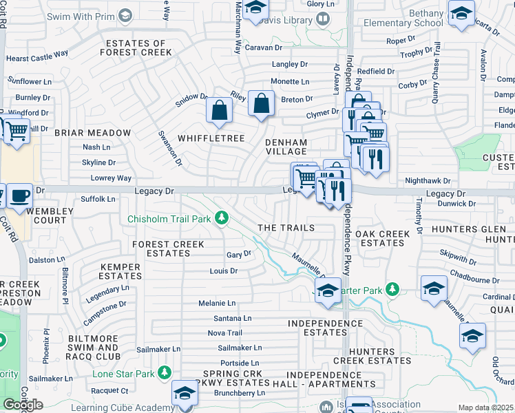 map of restaurants, bars, coffee shops, grocery stores, and more near Green Court in Plano