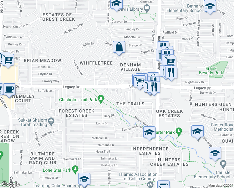map of restaurants, bars, coffee shops, grocery stores, and more near Green Court in Plano