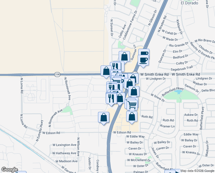 map of restaurants, bars, coffee shops, grocery stores, and more near 44728 Portabello Road in Maricopa